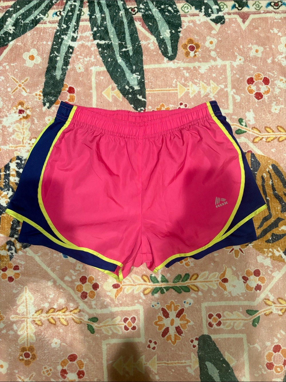 RBX Pink Athletic Shorts with Navy Panels and Neon Yellow Trim